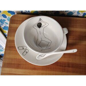 Pols Potten Teacup Saucer Spoon Set, Naughty Undressed Bathing Woman Butt Fun